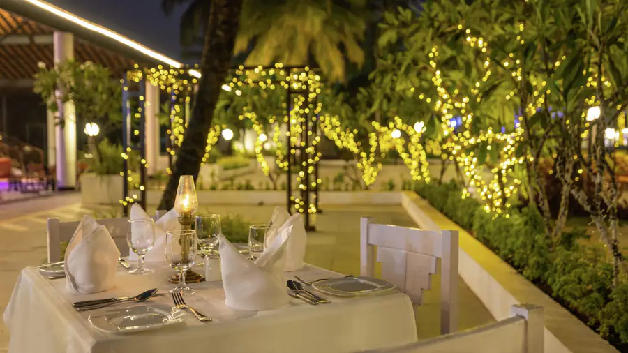 Evening party set-up under fairy lights